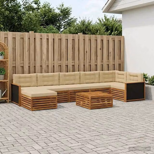 Set di divani da esterno a L vidaXL in legno di acacia con pouf e tavolino, Beige e Marrone – 1