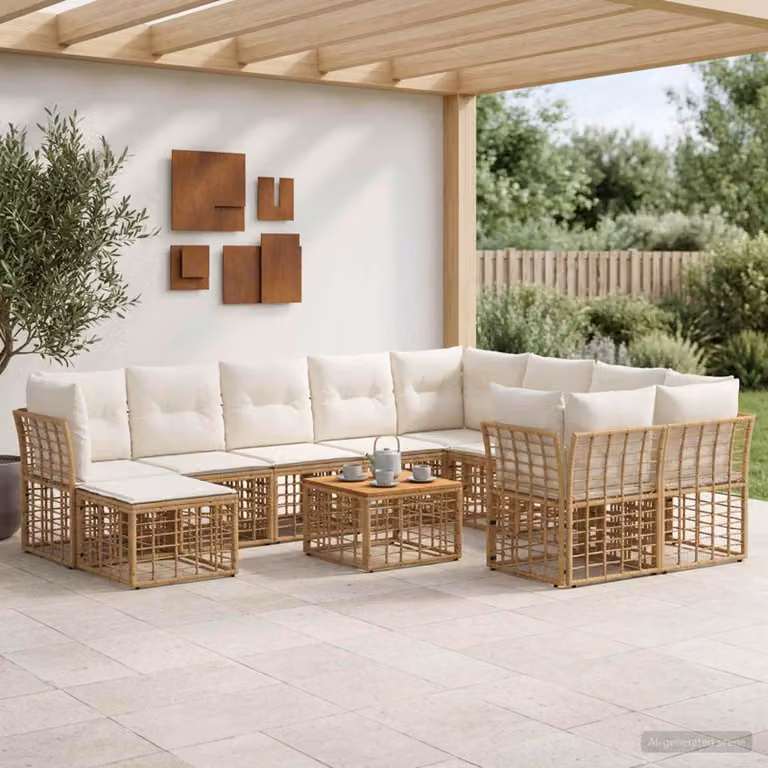 vidaXL Set di divani da esterno 11 pezzi in polyrattan con cuscini, design moderno a forma di U, colori beige e bianco crema