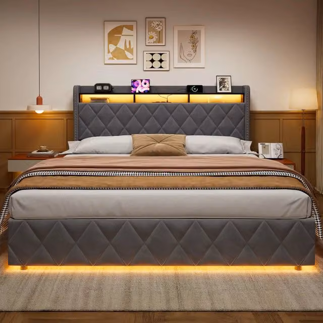Letto matrimoniale contenitore imbottito grigio scuro 180x200 cm con LED e ricarica USB