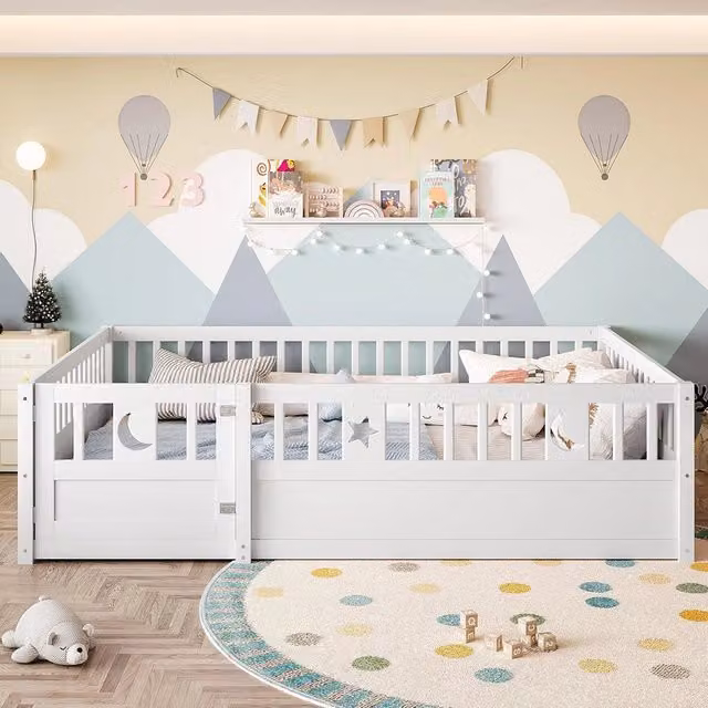 Letto a pannelli bambino 140x190 cm - Xylo - con sponde, decor stelle e luna, stile minimalista, bianco