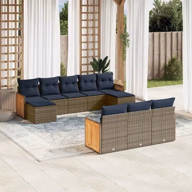Set Divani da Giardino 10 pz con Cuscini Grigio in Polyrattan 3228098