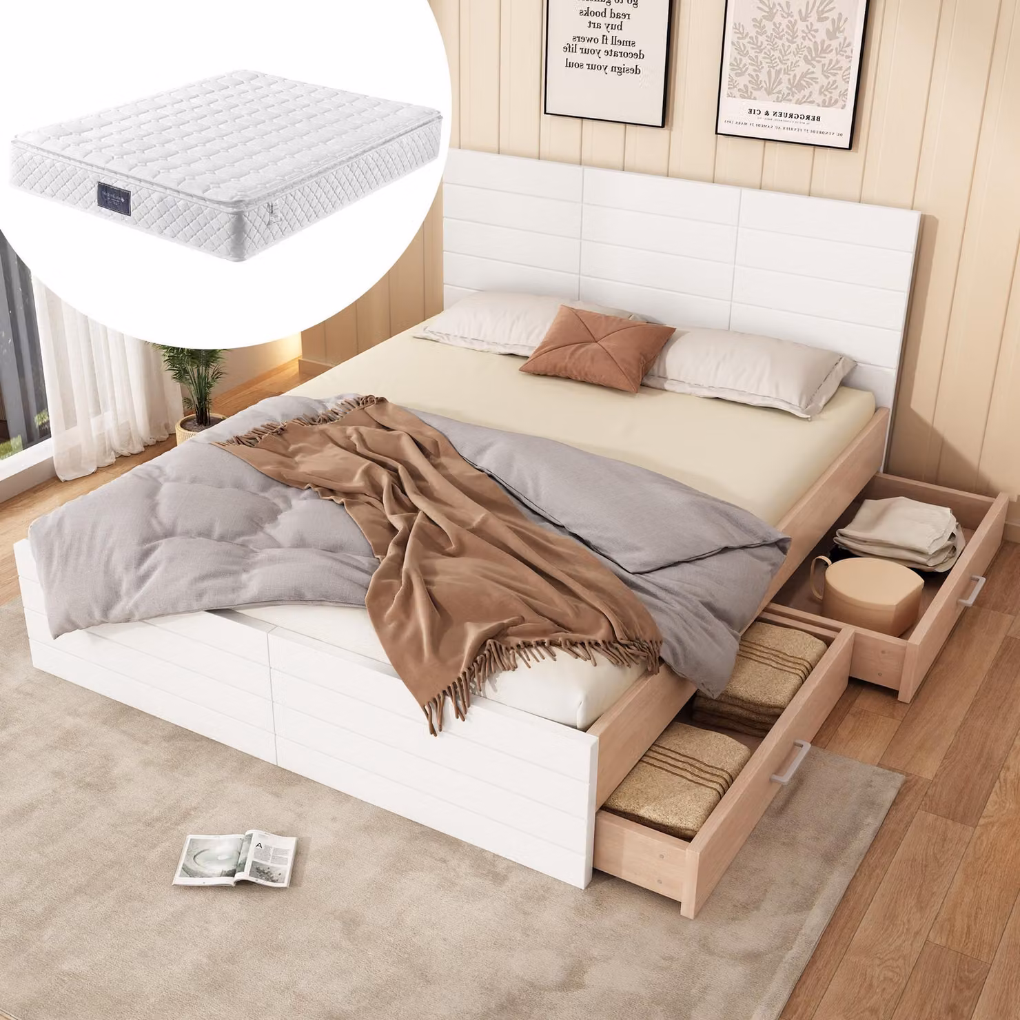 Letto matrimoniale Sistema letto in legno 140×200 cm con 2 cassetti, rete e dogheOak/biancoCon materasso