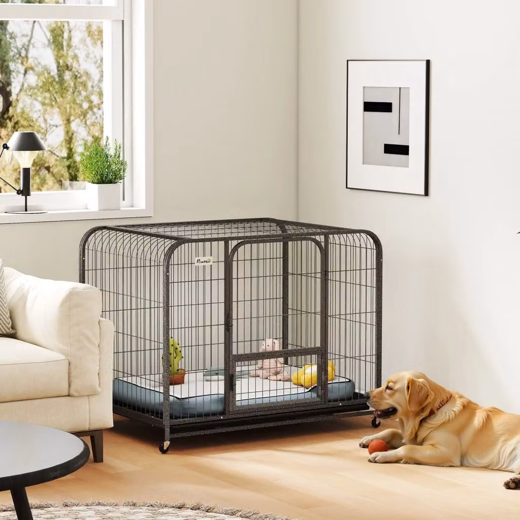 Gabbia per cani GIORDANOSHOP in metallo con ruote, 3 porte, vassoio rimovibile e chiusura sicura, colore nero – 2