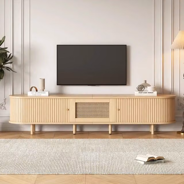 Mobile TV Minimal beige in MDF e rattan per soggiorno con un cassetto, adatto a TV fino a 75 pollici, L/P/H: 180 x 40 x 40 cm