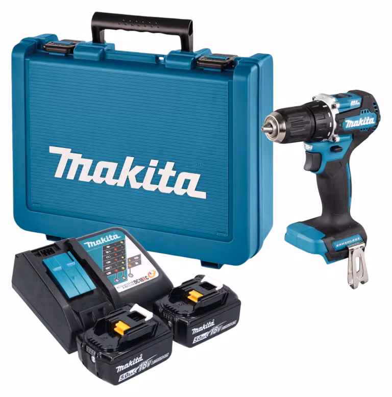 Trapano avvitatore a batteria Makita DDF 487 RTE 18 V 40 Nm brushless + 2 batterie da 5,0 Ah + caricabatterie + valigetta