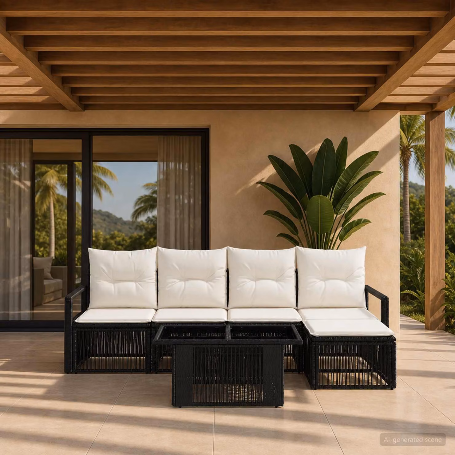 Set Divano da Giardino vidaXL 6 Pezzi in Polyrattan Nero e Bianco Crema con Cuscini e Tavolino