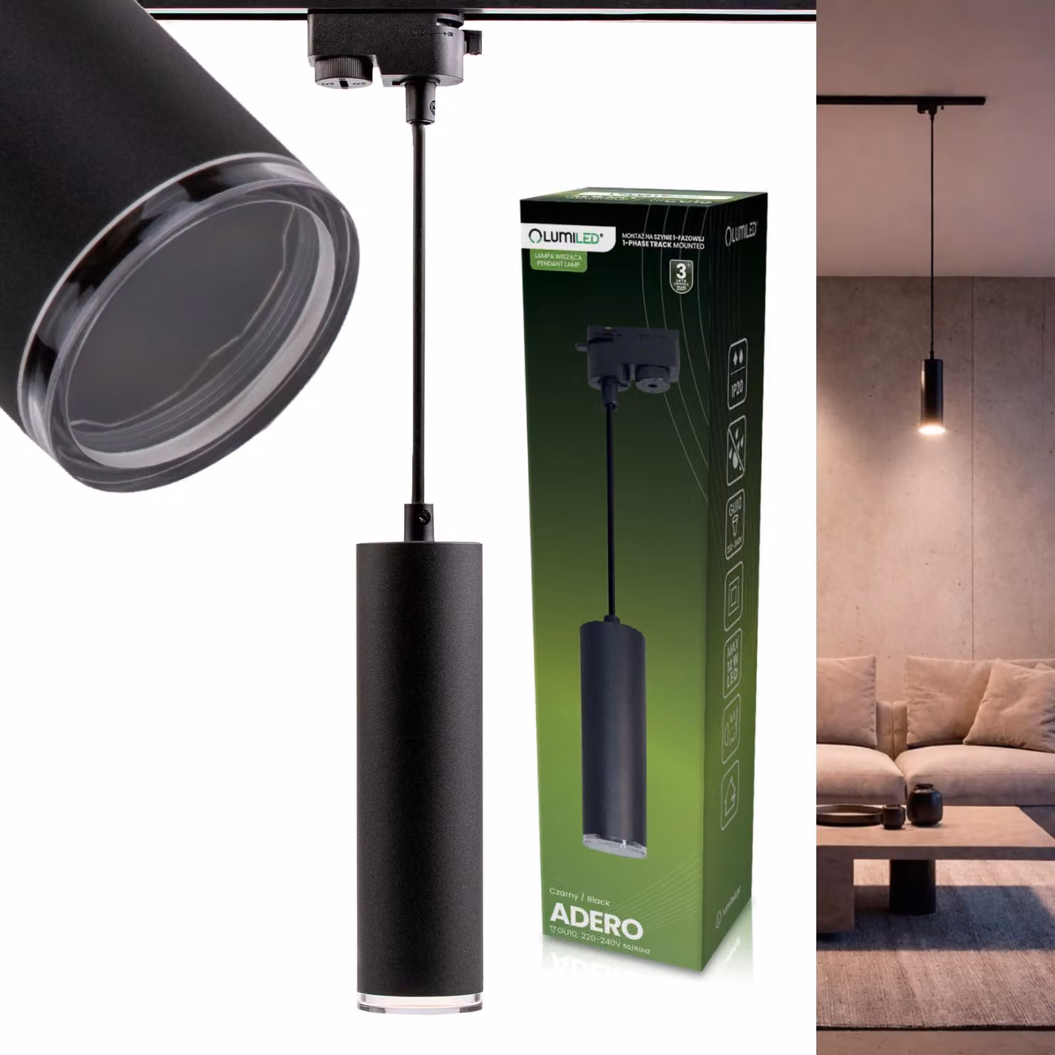Lampada a sospensione LUMILED per binari, lampada a sospensione per sistema a binari, con faretti regolabili in altezza, grado di protezione IP44, a 1 luce, design moderno, altezza 149 cm, attacco GU10, massimo 12W, colore nero, regolabile, faretto riflet