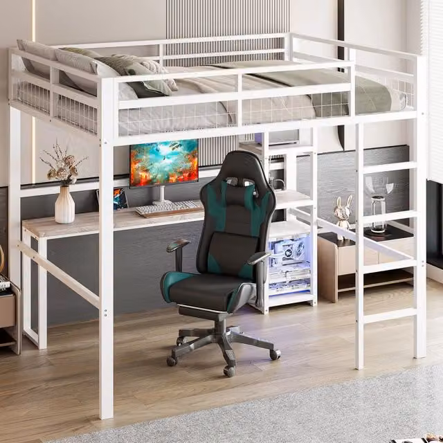 Letto a soppalco 140 × 200 cm con scrivania, mensole, presa USB e porta tipo C, senza materasso, metallo bianco