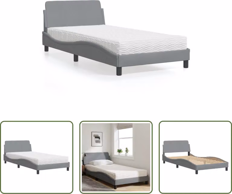 The Living Store Letto con materasso in tessuto grigio chiaro 100x200 cm