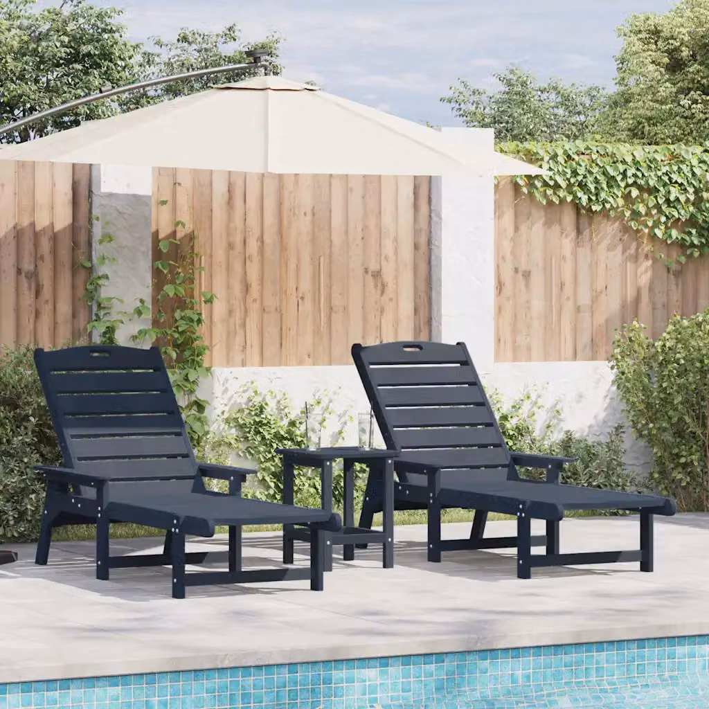 Set di 3 lettini da sole vidaXL in polietilene blu navy con poggiatesta regolabile per giardino e terrazza