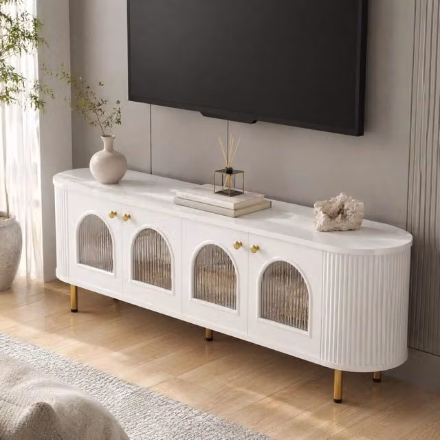 Mobile TV REDOM moderno in MDF bianco e oro con 4 ante in vetro L: 170 cm, P: 35 cm, H: 55 cm