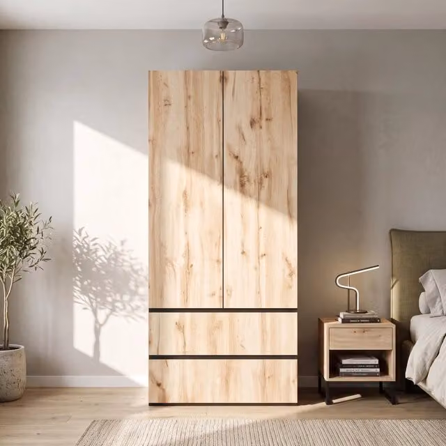 Armadio alto 90 x 50 x 200 cm; 2 ante; 1 asta appendiabiti; 2 cassetti; design moderno; rovere Artisan/bianco