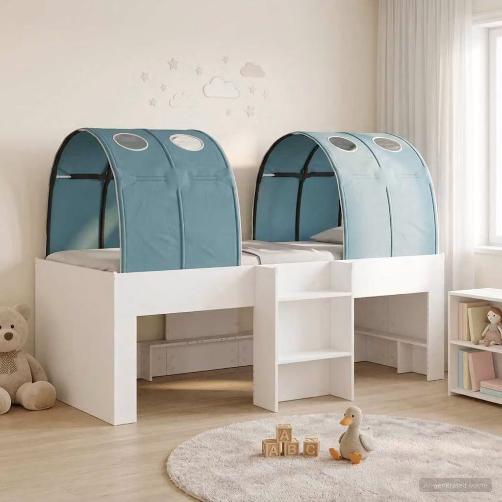 Letto alto per bambini vidaXL con tunnel, 3 pezzi, bianco e azzurro, L: 203 cm, P: 120 cm, H: 111 cm