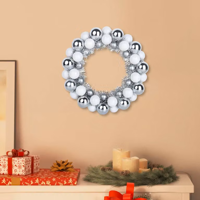 Set di 2 corone di palline di Natale vidaXL bianche e argento in plastica per decorazioni sospese