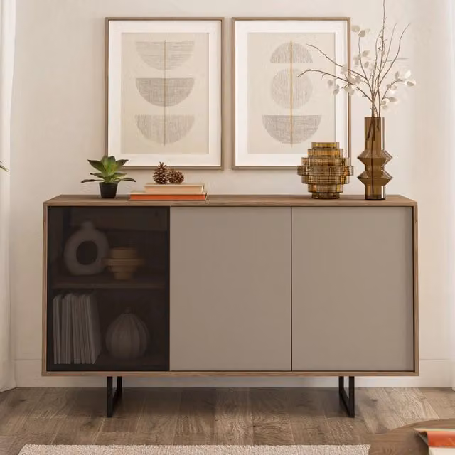 Madia Capena DMORA, Credenza moderna con 3 ripiani, Beige e Marrone, L 184 x P 40 x H 87 cm – 1