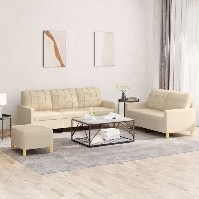 Set di divani moderno vidaXL in tessuto beige composto da divano a 3 posti, divano a 2 posti e pouf con cuscini inclusi