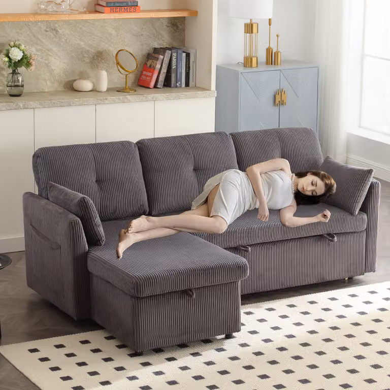 LVHOM Divano angolare con funzione letto a L, divano con box letto, divano da salotto con tasca laterale, divano in velluto, set di divani, 3 posti, grigio scuro