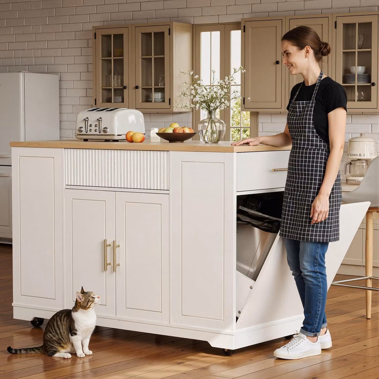 Isola da cucina con ruote, bianca, in MDF, con vano per contenitore dei rifiuti, ripiani regolabili, dimensioni 120x50x92 cm