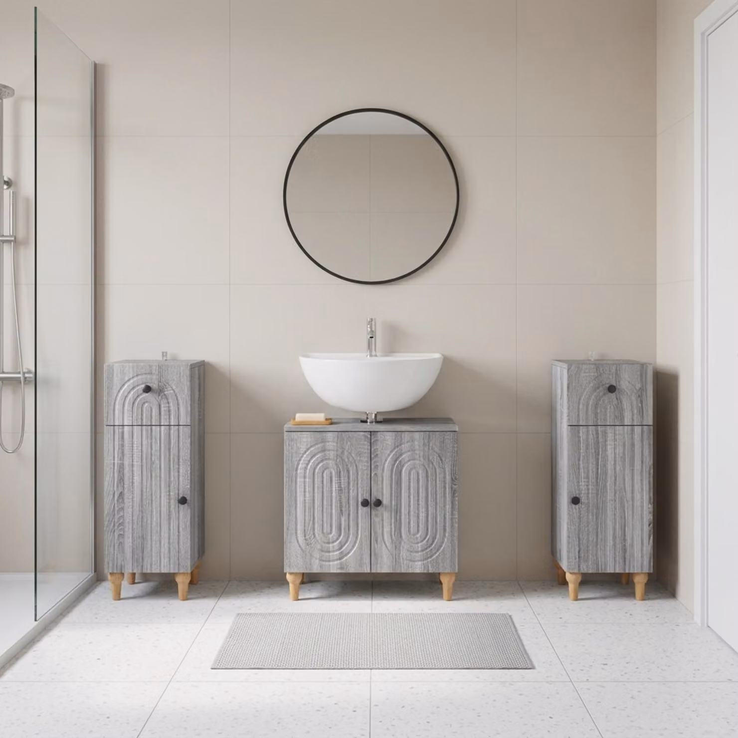 Set di mobili da bagno vidaXL ALKMAAR in 3 pezzi, colore grigio, stile minimalista con ante a cerniera