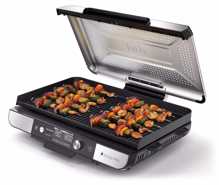 Grill elettrico Ninja Sizzle Pro XL GX101EU, 1800W, 120°-260°C, 2 piastre in Vetroceramica, 10 hamburger, ProTemp IQ, coperchio rimovibile, nero/acciaio inox