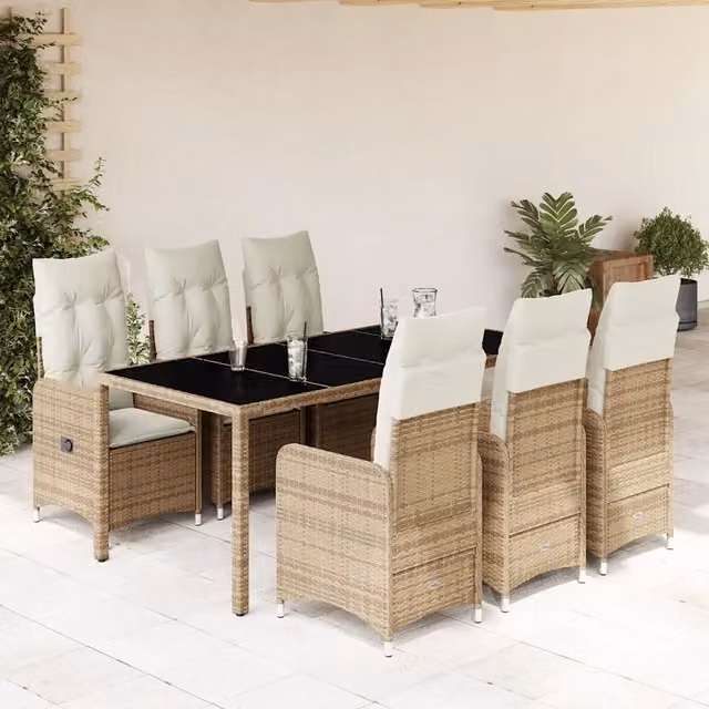Set da Bistrò da Giardino vidaXL in Polyrattan con Cuscini Beige e Tavolo in Vetro, 7 Pezzi
