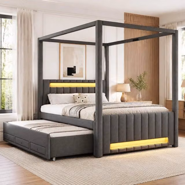 Letto a baldacchino imbottito ULEVR 140x200 cm con letto estraibile, 3 cassetti e LED regolabili, grigio
