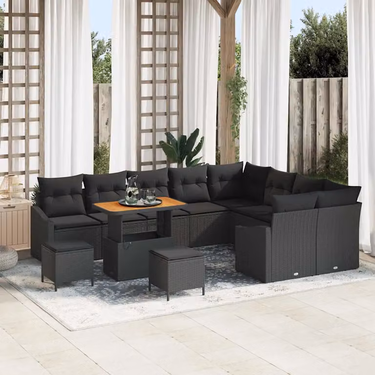 Set Divano da Giardino vidaXL 12 Pezzi in Polyrattan Nero con Cuscini e Tavolino da Caffè
