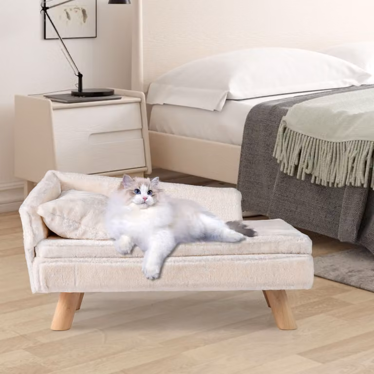 Divanetto per animali Costway con schienale alto, letto elevato in legno e tessuto per cani e gatti, Bianco