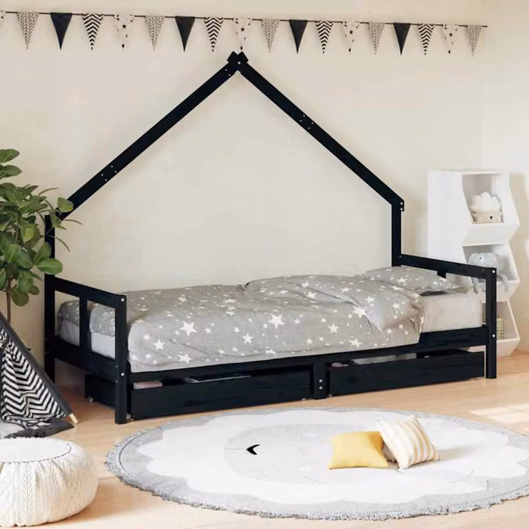vidaXL Giroletto per bambini in legno di pino massello con cassetti, Nero, L 200 x P 80 cm