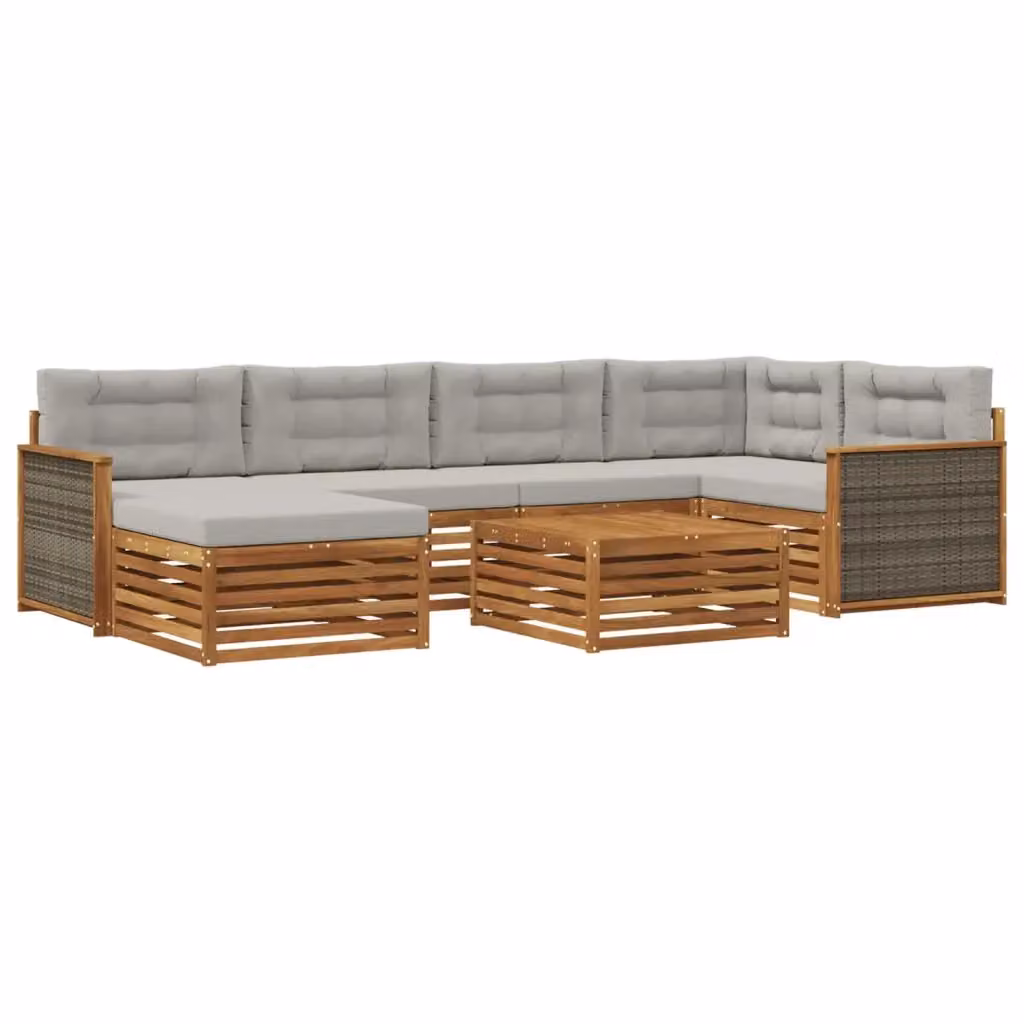 Set di divani da esterno moderno vidaXL in legno di acacia con cuscini beige e grigio composto da 7 pezzi con tavolino e pouf – 2