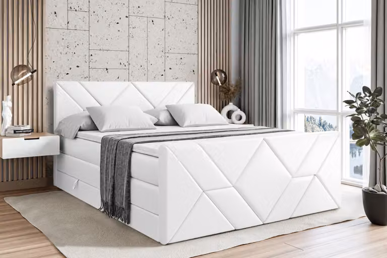 Letto boxspring ALTDECOR con pediera, 2 materassi e topper - 200x200 cm - BARWA-Z KING - Pelle finta bianca - Letto imbottito con materassi H3 e H4, contenitore e rete a doghe, letto con spazio contenitivo