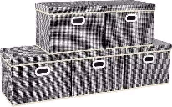 Set di 5 contenitori organizzatori opachi con coperchio in plastica e tessuto, nero