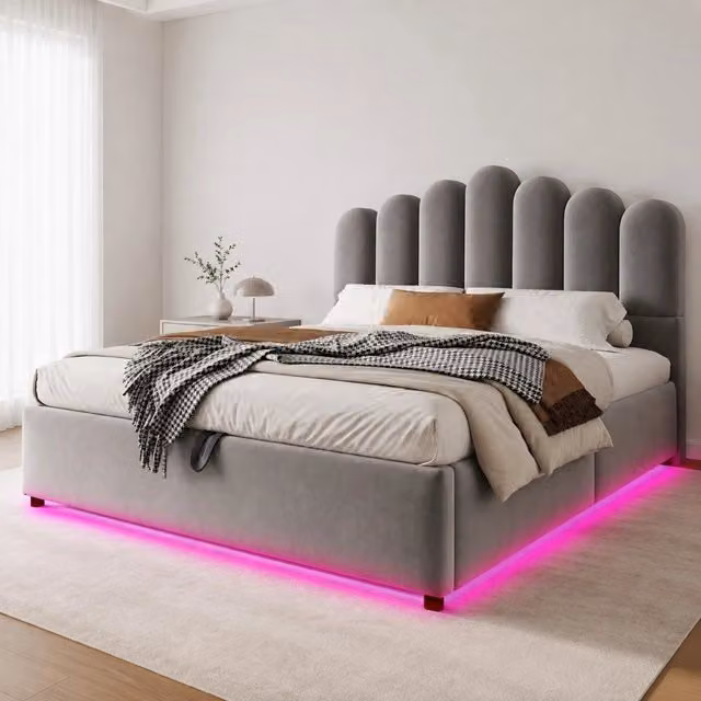 Letto contenitore 140 × 200 cm 2 posti con vano idraulico, LED multicolore e testiera imbottita, senza materasso, grigio