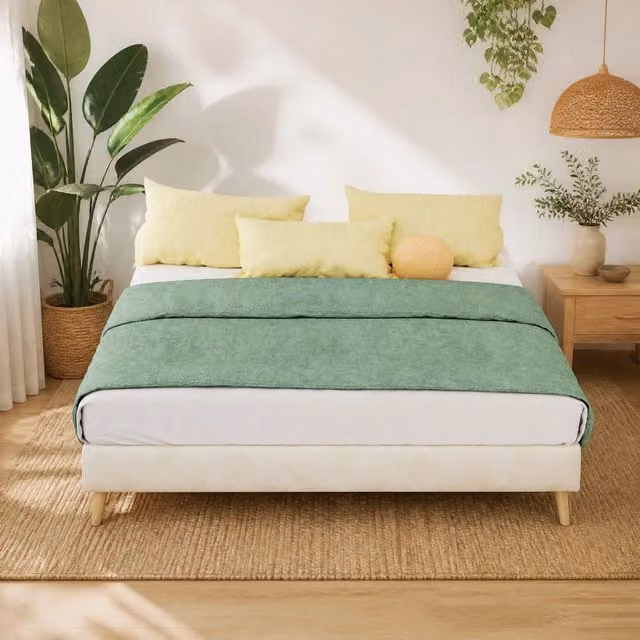Letto Mivray moderno rivestito in tessuto beige con dettagli geometrici e rete a doghe fisse L/P/H: 140 x 200 cm