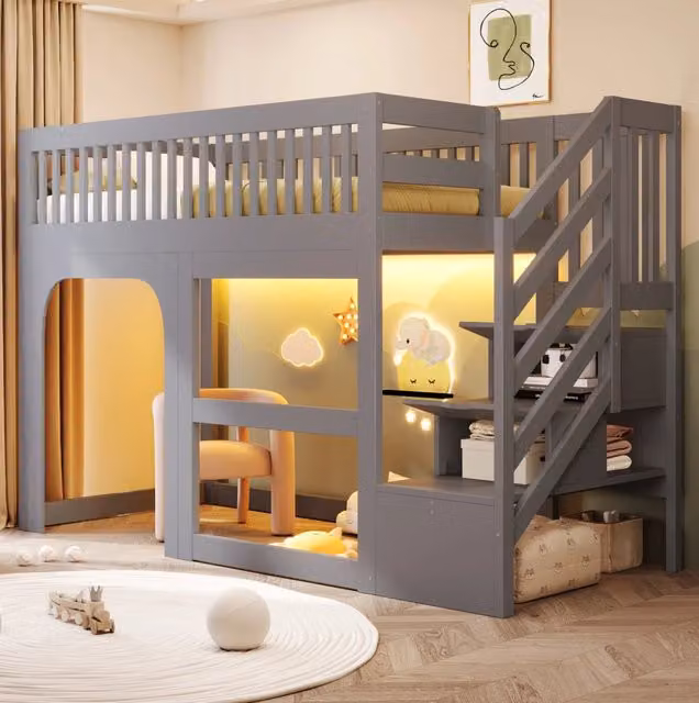 Letto a soppalco per bambini 90x200 cm in legno grigio con scala contenitore e LED