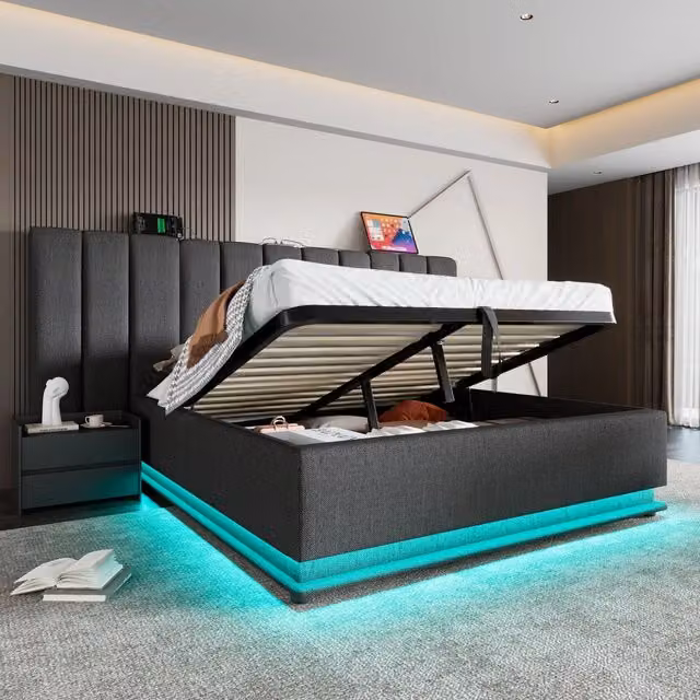 Letto matrimoniale contenitore 160 × 200 cm in lino grigio con LED 360 gradi ricarica USB e USB-C rete a doghe