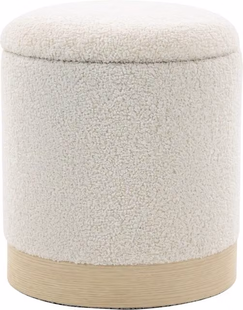 Pouf contenitore rotondo HOMCOM in sherpa color crema con base effetto legno, Diametro: 38 cm
