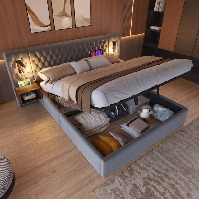 Letto matrimoniale 180×200 cm con vano idraulico, comodini, luci da lettura e ricarica USB, senza materasso, velluto grigio