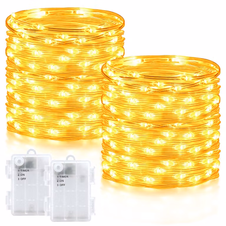 Set di 2 catene luminose, lunghezza 10 metri, 100 LED bianco caldo, grado di protezione IP65, con timer, per uso esterno