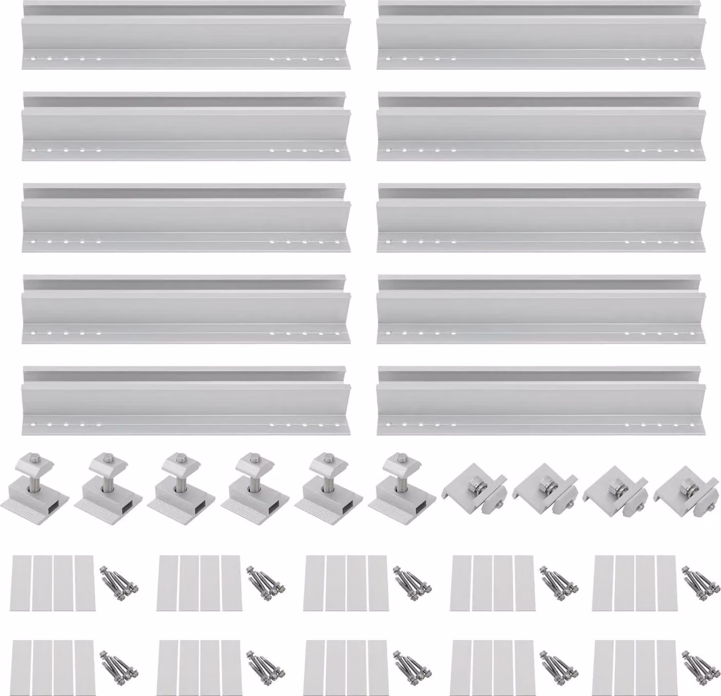 Kit di montaggio per pannelli solari - Supporto per tetto in alluminio AL6005-T5 - Set di guide da 10 pezzi - Elevata capacità di carico - Per il fissaggio di moduli solari - Argento