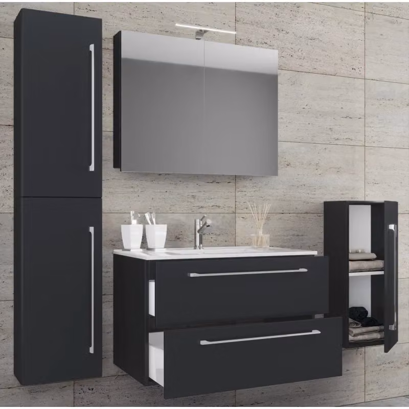 Set completo bagno EZOOZA 5 pezzi nero opaco con mobile sospeso a due cassetti, lavabo XL in ceramica, colonna, mobile specchio con illuminazione LED e pensile – 2