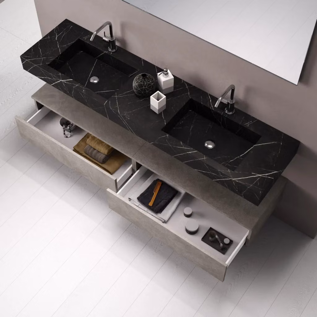 Composizione bagno ASTRA 7 pezzi nero grafite e avana pietra con illuminazione LED e specchio – 2