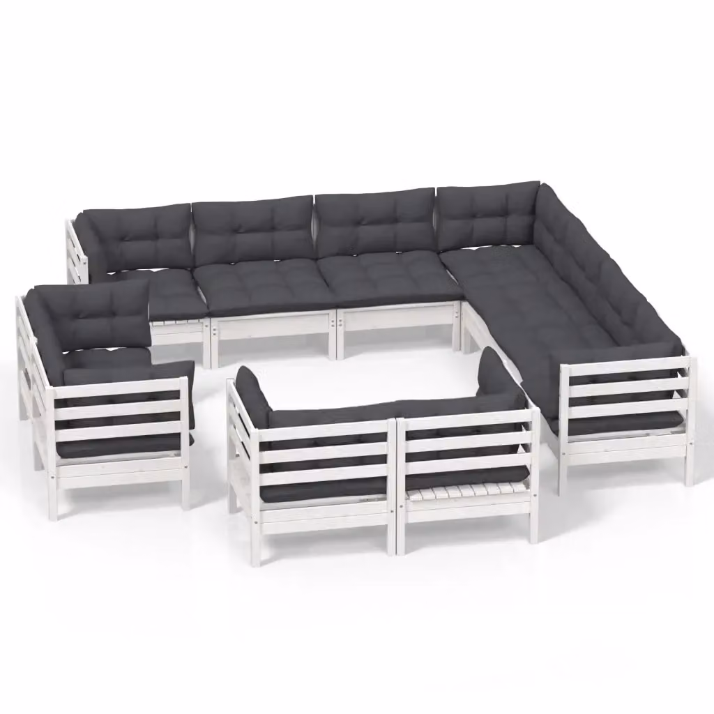 Set di Divani da Giardino a Forma di U vidaXL in Legno di Pino con Cuscini Bianchi e Antracite 11 Pezzi – 2