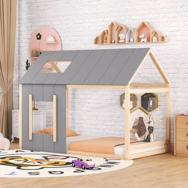 Letto per bambini 90 x 200 cm a forma di casa con tetto e finestra, letto basso singolo - Naturale e grigio, arrivo previsto 12/8