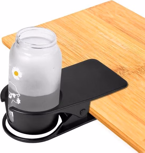 Portabicchieri con morsetto, piano d'appoggio mobile, scrivania, portabicchieri laterale, bottiglia di birra, bevanda, limonata, tè, tazza da caffè, ciotola, design con morsetto per l'ufficio domestico (nero)