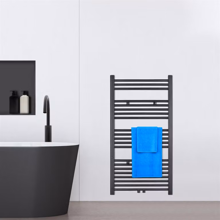 VILSTEIN radiatore da bagno, radiatore da bagno, radiatore per asciugamani attacco laterale e attacco centrale, radiatore piatto, radiatore da bagno piatto, radiatore per asciugamani da bagno, nero, 536W, 115x60 cm