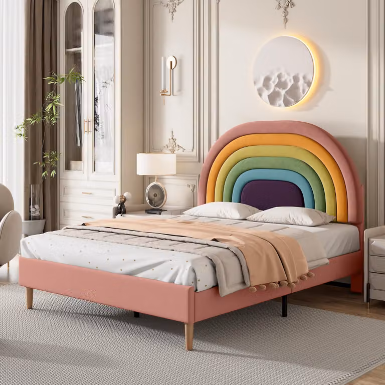 Letto imbottito 140x200 cm con rete a doghe, testiera regolabile in altezza con motivo a arcobaleno, rivestito in velluto, capacità di carico fino a 300 kg, colore rosa