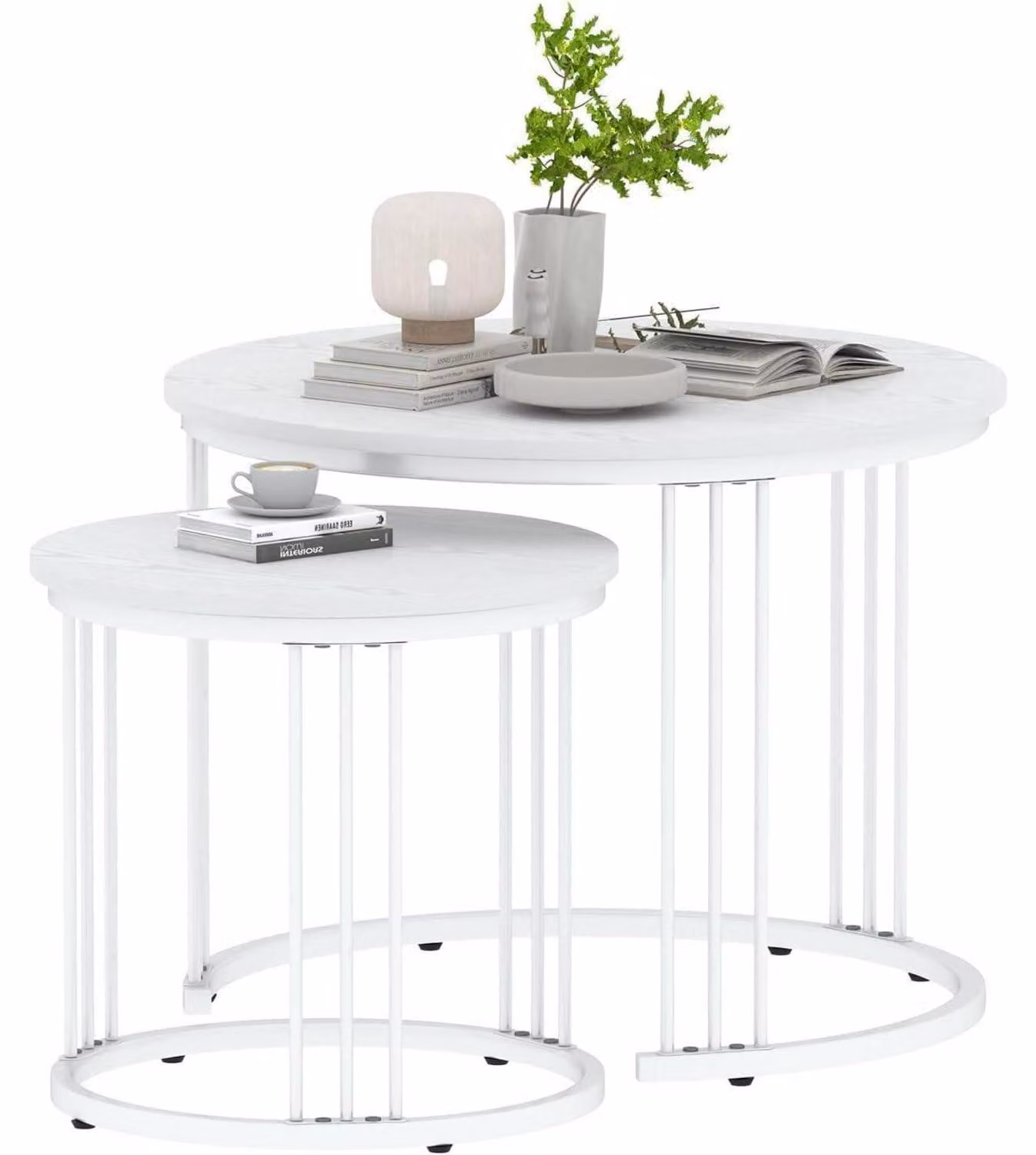 Set di due tavolini rotondi, tavolini ausiliari con struttura in metallo, colore bianco, diametro 60 cm