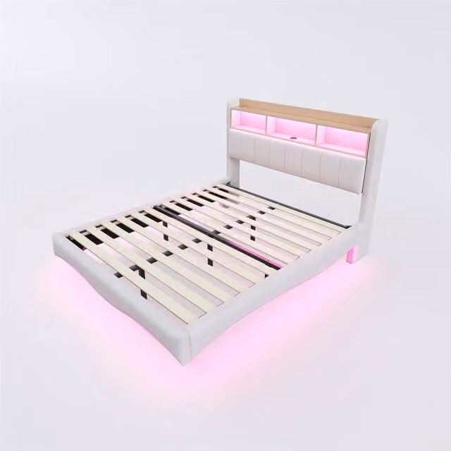 Letto matrimoniale imbottito beige con illuminazione LED, porte USB e Type-C e testiera con portaoggetti, dimensioni 140 x 200 cm