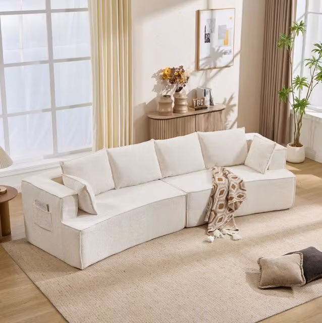Divano angolare modulare curvo in velluto bianco con schiuma elastica e molle